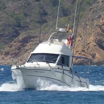 Yate blanco navegando y dejando atrás las montañas